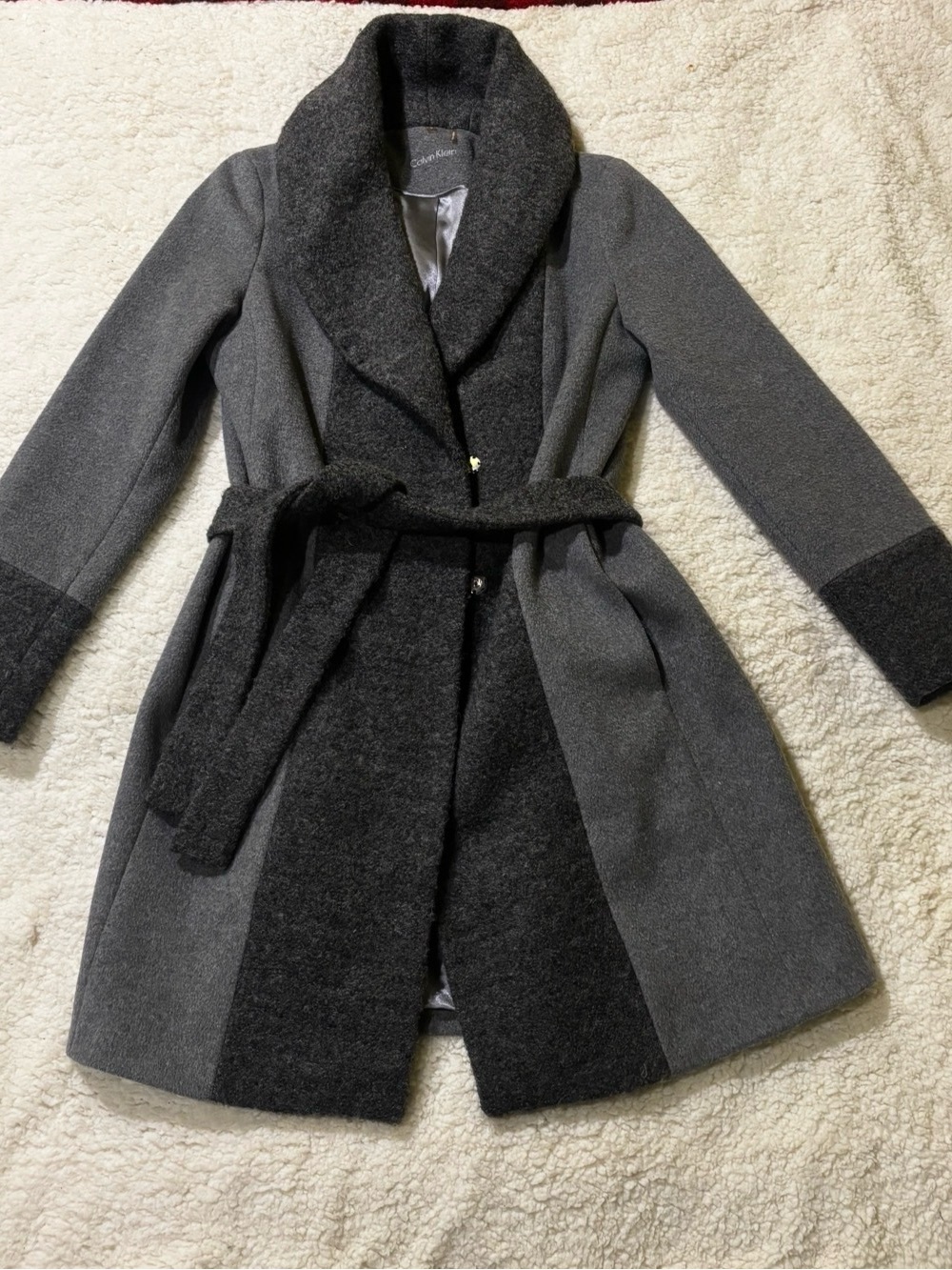 Wool Blend Two-Tone Gray Wrap Coat with Belt0226